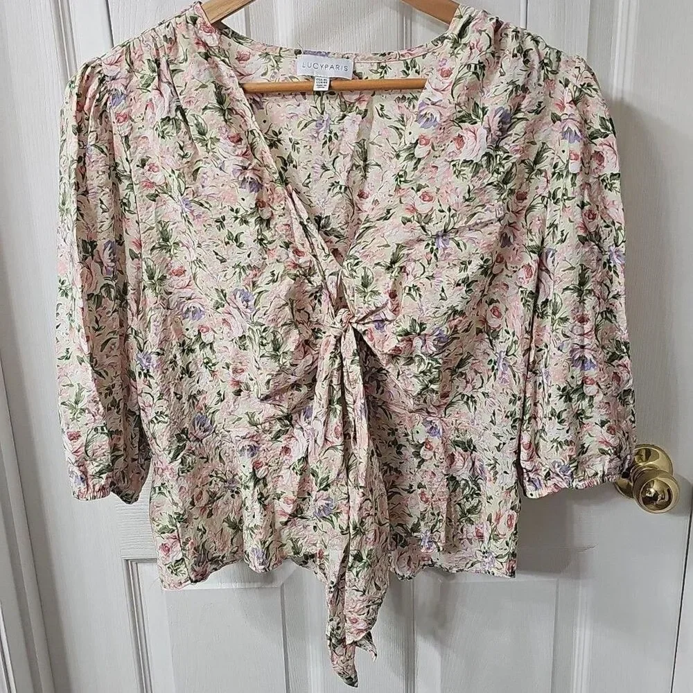 Lucy Paris Floral Tie-Front Peplum Blouse w/ Balloon Sleeves in women's size XL - Picture 1 of 7